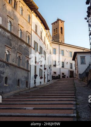 The stairs in Cathedral Square at sunset, in Spoleto, Umbria, Italy, Europe Stock Photo