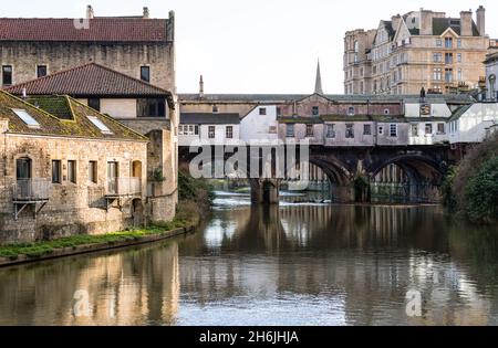 View of the Pulteney Bridge over River Avon from the north side, Bath, UNESCO World Heritage Site, Somerset, England, United Kingdom, Europe Stock Photo