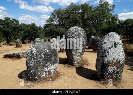 The Cromlech of the Almendres, a megalithic complex, one of largest existing group of structured menhirs in Europe, Evora, Alentejo, Portugal, Europe Stock Photo