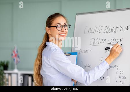 Online lessons. Happy millenial teacher writing on whiteboard, teaching English distantly, smiling at camera Stock Photo