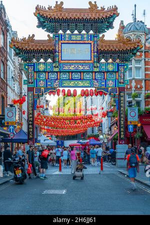 View of colourful Chinatown Gate in Wardour Street, West End, Westminster, London, England, United Kingdom, Europe Stock Photo