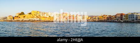 Panoramic of Chania old town and harbour at sunset, Crete island, Greek Islands, Greece, Europe Stock Photo