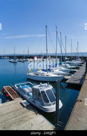 Avoch Harbour, Moray firth, Black Isle, looking west, beautiful clear sunny day, peaceful, quiet, undiscovered,  still water,  Inverness, Highland, Sc Stock Photo