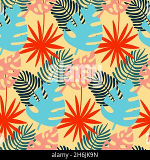 Monstera and palm seamless pattern, tropical leaf yellow red blue, vector illustration Stock Vector