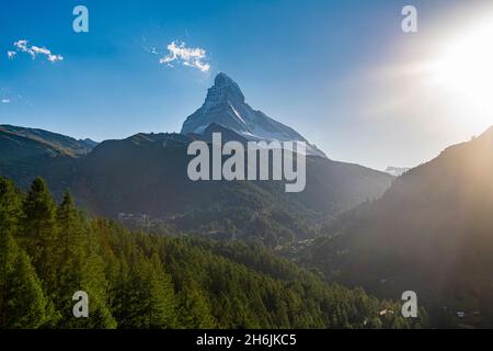 The Matterhorn, behind Zermatt at sunset, Valais, Swiss Alps, Switzerland, Europe Stock Photo
