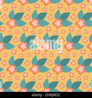 Blooming bush with leaf, seamless pattern yellow pink green floral background wallpaper textile design Stock Vector