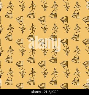 Simple floral seamless pattern, black stroke on yellow background, wallpaper wrapping textile design Stock Vector