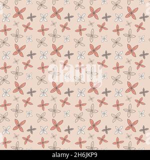Seamless pattern with small delicate flowers orange gray on a pink background, wallpaper wrapping textile design Stock Vector