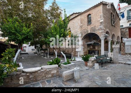 Athens, Greece. November 2021. the courtyard of  the Church of the Holy Unmercenaries of Kolokynthi - Metochion of the Holy Sepulchre in the city cent Stock Photo