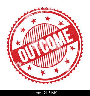 OUTCOME text written on red grungy zig zag borders round stamp. Stock Photo