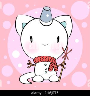 Seamless ornament with cute cat snowman in kawaii style. Vector pattern. Merry Christmas cats. Stock Vector