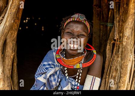 Woman with beauty scars from the Toposa tribe, Eastern Equatoria, South Sudan, Africa Stock Photo