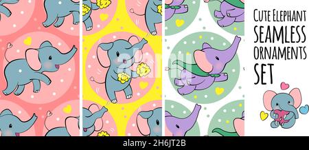 Set of seamless pattern with cute elephants in kawaii style. Vector Stock Vector