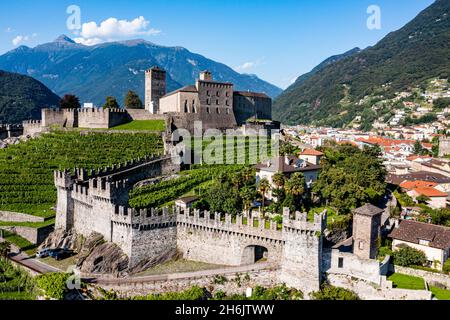 Aerial of the Castlegrande, Three Castles of Bellinzona UNESCO World Heritage Site, Ticino, Switzerland, Europe Stock Photo