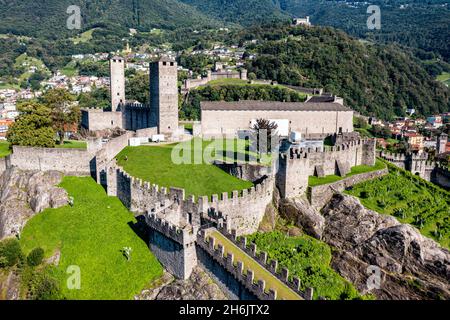 Aerial of the Castlegrande, Three Castles of Bellinzona UNESCO World Heritage Site, Ticino, Switzerland, Europe Stock Photo