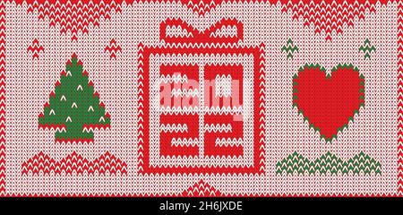 2022 winter holidays vector background, with a Christmas tree, gift box, and heart, knitted sweater pattern. Stock Vector