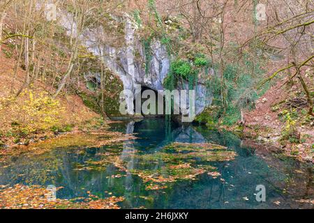 Spring of Krupaja, autumn landscape. Popular travel destination, Beljanica mountain, Serbia. Stock Photo