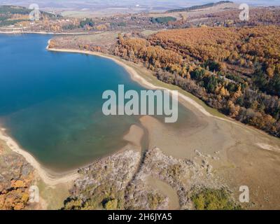 Aerial Autumn view of Izvor Reservoir at Konyavska Mountain, Pernik region, Bulgaria Stock Photo