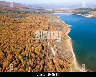 Aerial Autumn view of Izvor Reservoir at Konyavska Mountain, Pernik region, Bulgaria Stock Photo