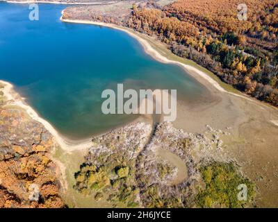 Aerial Autumn view of Izvor Reservoir at Konyavska Mountain, Pernik region, Bulgaria Stock Photo