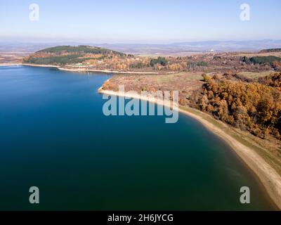 Aerial Autumn view of Izvor Reservoir at Konyavska Mountain, Pernik region, Bulgaria Stock Photo