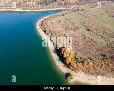 Aerial Autumn view of Izvor Reservoir at Konyavska Mountain, Pernik region, Bulgaria Stock Photo