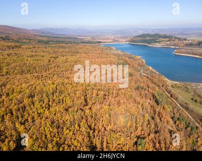 Aerial Autumn view of Izvor Reservoir at Konyavska Mountain, Pernik region, Bulgaria Stock Photo