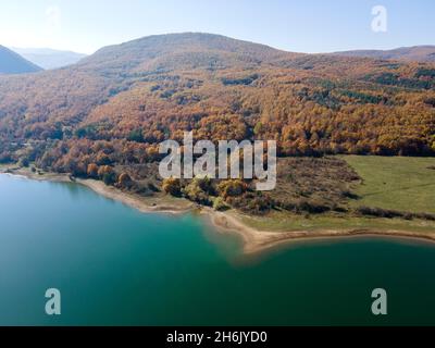 Aerial Autumn view of Izvor Reservoir at Konyavska Mountain, Pernik region, Bulgaria Stock Photo