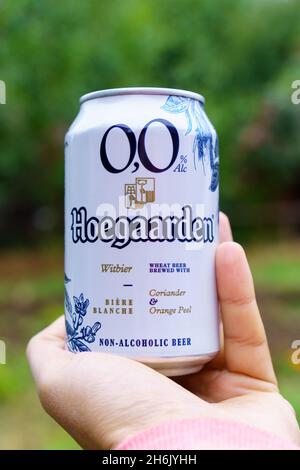 Volzhsky, Russia-September 25, 2021: Non alcoholic beer Hoegaarden can. Selective focus Stock Photo