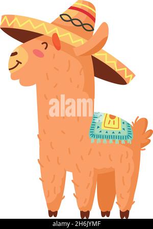 Cartoon alpaca. Cute smiling llama in mexican hat Stock Vector