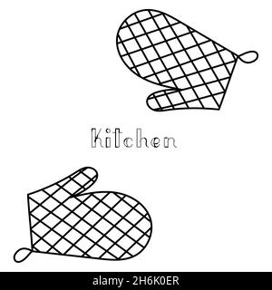 Kitchen tools set of two oven-gloves and handdrawn lettering kitchen word outline simple minimalistic flat design vector icons illustration isolated o Stock Vector
