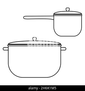 Kitchen tools set of long handle saucepan and pot outline simple minimalistic flat design vector icons illustration isolated on white background Stock Vector