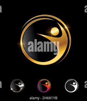 A vector illustration set of Golden Simple People Circle Sign in black background with gold and chrome shine effect Stock Vector