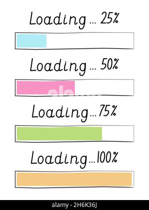 Loading progress bar vector style in doodle style. Updated progress circle bar icons. Slow loader button. Load progress bar for UI. Upload status coll Stock Vector