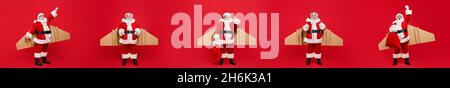 Five pictures composition of funky grandpa father xmas using eco tech wings shipping distance service leaving office elves rise up on red background Stock Photo