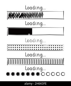 Loading progress bar vector style in doodle style. Updated progress circle bar icons. Slow loader button. Load progress bar for UI. Upload status coll Stock Vector