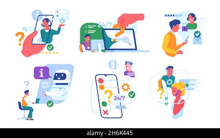 Customer support service. Call center workers, round-the-clock online assistant, chatbot aide, consumers and hotline operators vector set Stock Vector