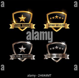 A vector Illustration set of Gold and Chrome Star Seller Vector Sign Stock Vector