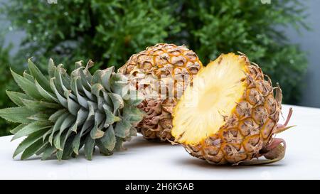 Fresh pineapple with slices on outdoor table, annas on green garden background Stock Photo