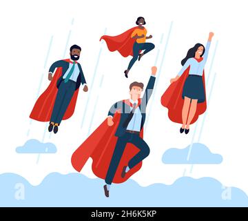 Super businessman team. Flying office employees team, hero poses and red capes, corporate interaction, successful work vector concept Stock Vector
