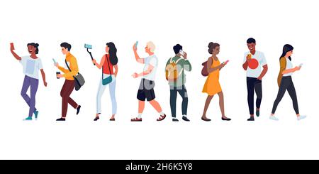 People with phones. Different ages men and women talking, taking pictures and selfie, listen music on move, social communication. Vector set Stock Vector