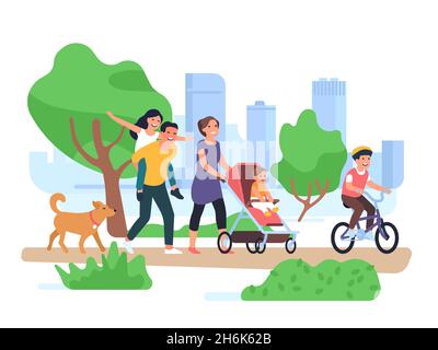 Happy family walking. Couple with children stroll park, son on bicycle, toddler in stroller, fun daughter on father back vector concept Stock Vector