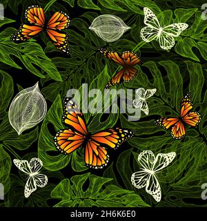 Graphic monstera leaf. Seamless background with jungle leaves and butterflies. Beautiful hand drawn exotic plants. Vector illustration Stock Vector