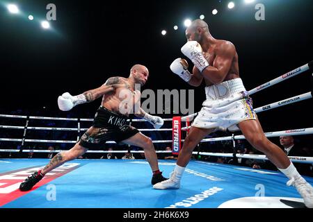 Kid Galahad (right) and Kiko Martinez in the International Boxing Federation World Feather Title bout at Sheffield Arena. Picture date: Saturday November 13, 2021. Stock Photo
