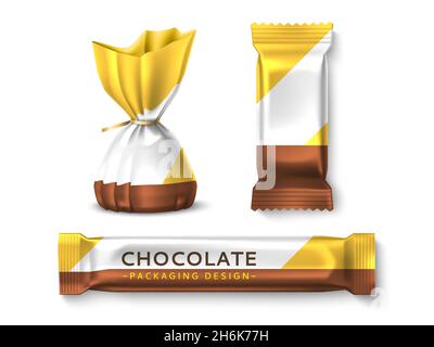 Candies packaging design. Realistic sweets wrappers mockups, candy truffle and chocolate bars, branded labels bonbons template. Vector set Stock Vector