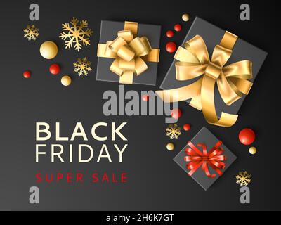 Gift box sale. Black friday discount banner with presents in dark packaging and golden snowflakes, top view, gift coupon. Vector poster Stock Vector