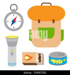 Set of touristic and camping equipment. Compass, backpack, flashlight, matches box and canned food. Things for active vacations. Luggage icons for Stock Vector