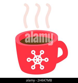 Funny cartoon mug with hot tea or coffee, cute vector illustration in flat style. Red, brown and white colors. Snowflake print. Winter hot drink, cozy Stock Vector