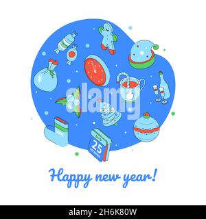 Happy New Year - modern colorful isometric illustration. Calendar, gingerbread man, clock, fir tree holiday symbols. Party decorations, champagne, hot Stock Vector