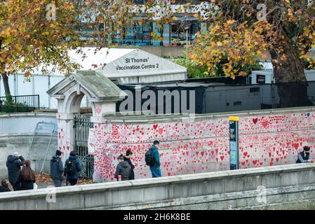 London, UK.  16 November 2021. The National Covid Memorial Wall is seen in front of a vaccination centre at St Thomas’ Hospital in Westminster.  The UK government has indicated that three jabs (2 jabs plus a booster) will constitute full vaccination.  England’s chief medical officer, Chris Whitty has said that there were “storm clouds” gathering over parts of Europe and warned there was major concern about vaccination rates among pregnant women as with 98% of severely ill pregnant women in hospital had not been vaccinated. Credit: Stephen Chung / Alamy Live News